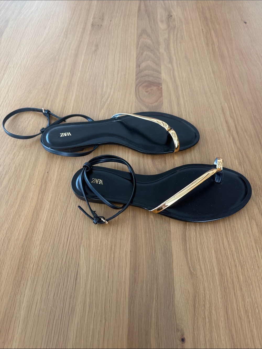 Zara black and gold sandals, with ankle strap, size 39 or 8, never worn